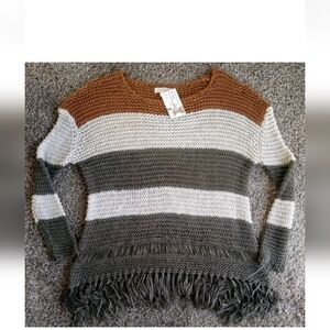 Entro"Fall For Fringe" Olive & Rust Long Sleeve Top Sz Large See Descrip…